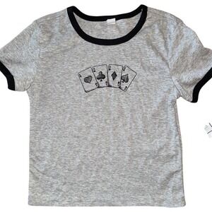 Five Below Ringer T-Shirt Womens 2XL Heather Gray Black Aces Graphic poker cards